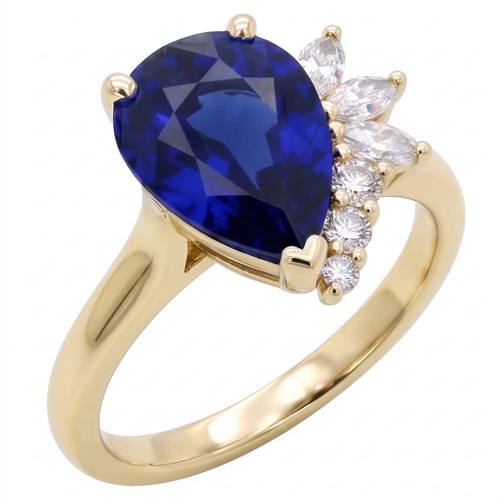Anello con 2,50 carati di pietra preziosa zaffiro blu tondo e accenti marquise in oro bianco 14K