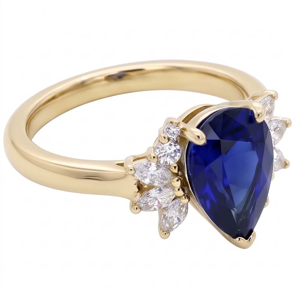 Anello con 2,50 carati di pietra preziosa zaffiro blu tondo e accenti marquise in oro bianco 14K