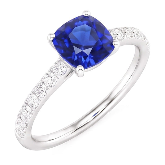 Anello con 3 carati Cushion Zaffiro e diamanti Gioiello con pietre preziose accentate