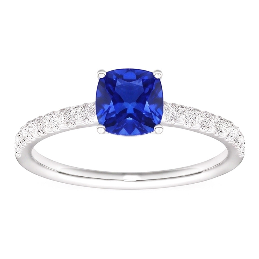 Anello con 3 carati Cushion Zaffiro e diamanti Gioiello con pietre preziose accentate