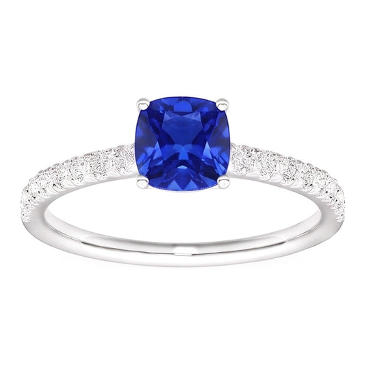 Anello con 3 carati Cushion Zaffiro e diamanti Gioiello con pietre preziose accentate
