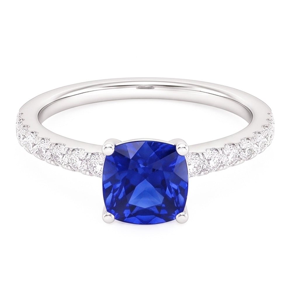 Anello con 3 carati Cushion Zaffiro e diamanti Gioiello con pietre preziose accentate