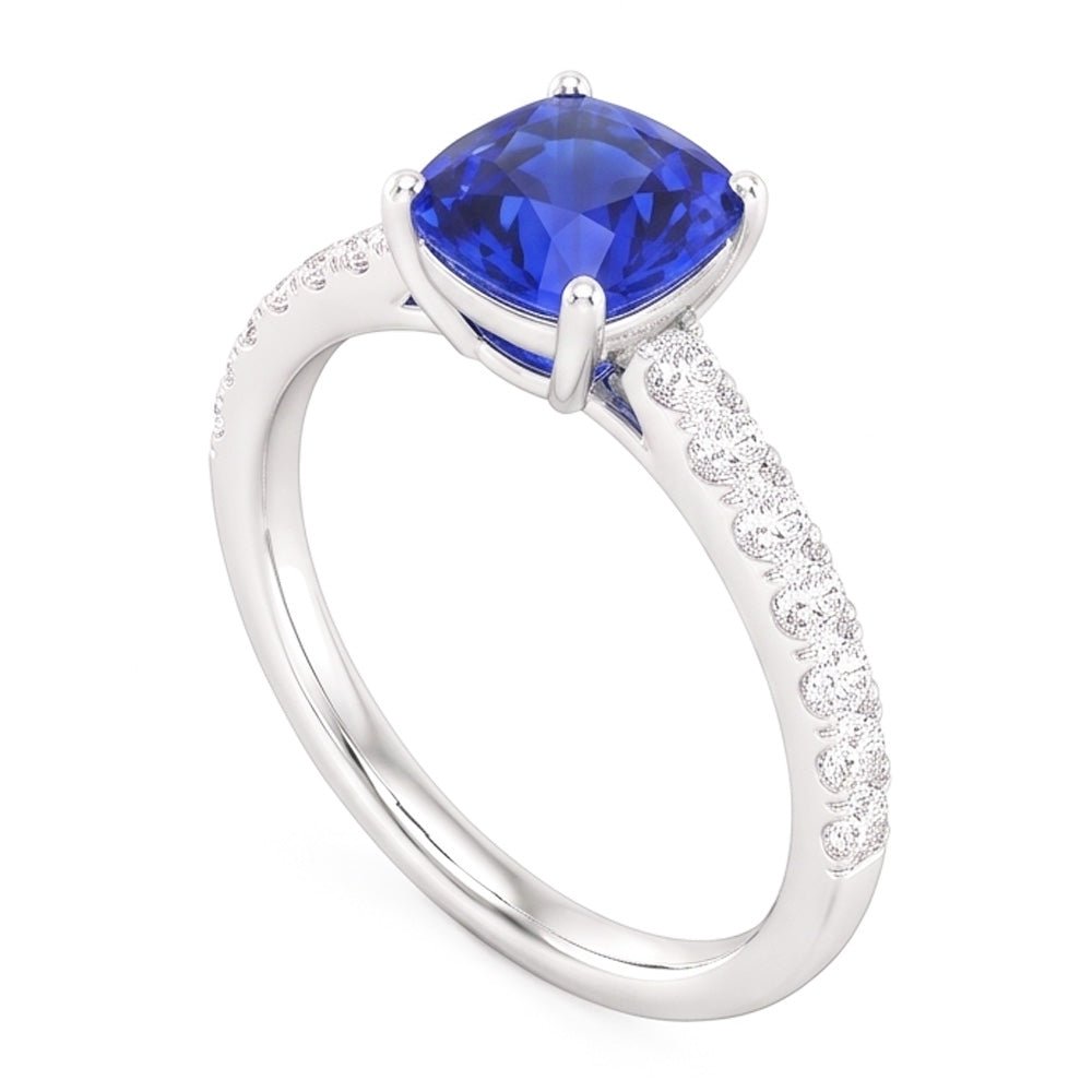 Anello con 3 carati Cushion Zaffiro e diamanti Gioiello con pietre preziose accentate