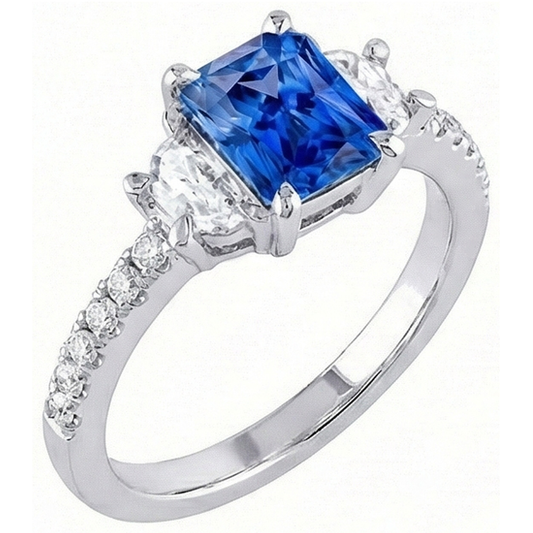 Anello con 3 carati Zaffiro blu e diamanti con accenti di 3 pietre a mezzaluna