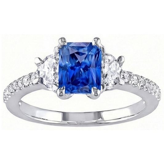 Anello con 3 carati Zaffiro blu e diamanti con accenti di 3 pietre a mezzaluna