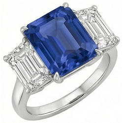 Anello con 3 carati Zaffiro blu smeraldo tre pietre gioielli in oro bianco 14K