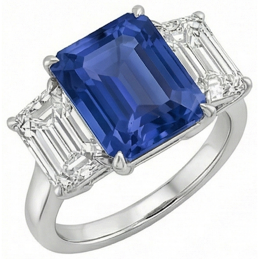 Anello con 3 carati Zaffiro blu smeraldo tre pietre gioielli in oro bianco 14K