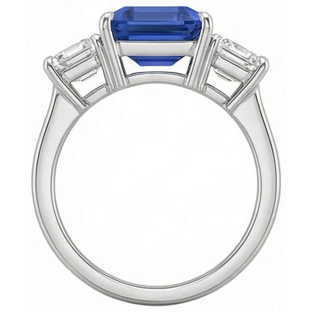Anello con 3 carati Zaffiro blu smeraldo tre pietre gioielli in oro bianco 14K