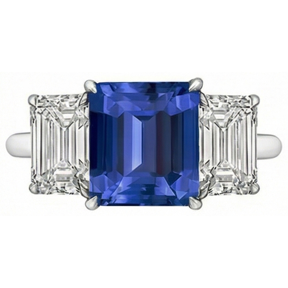 Anello con 3 carati Zaffiro blu smeraldo tre pietre gioielli in oro bianco 14K
