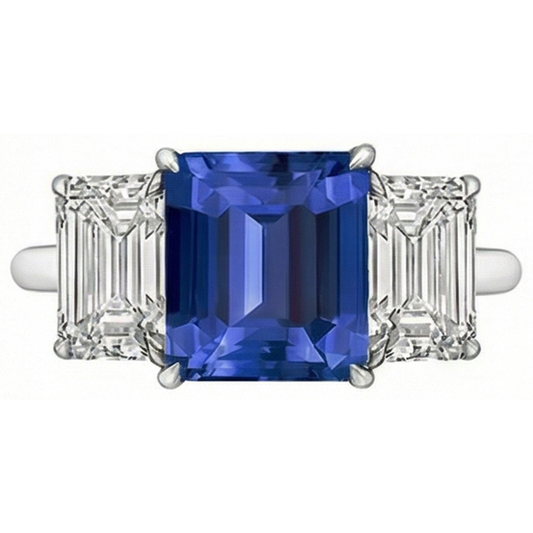 Anello con 3 carati Zaffiro blu smeraldo tre pietre gioielli in oro bianco 14K