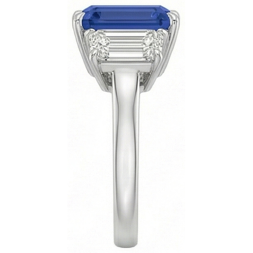 Anello con 3 carati Zaffiro blu smeraldo tre pietre gioielli in oro bianco 14K