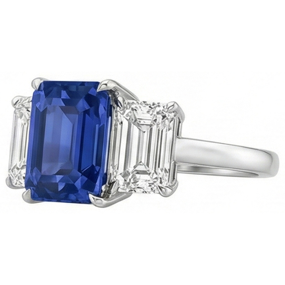 Anello con 3 carati Zaffiro blu smeraldo tre pietre gioielli in oro bianco 14K