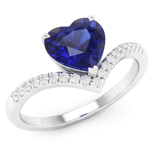 Anello con 3 carati di pietra preziosa zaffiro blu con taglio a cuore in oro bianco 14K