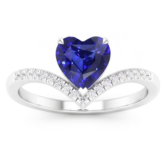 Anello con 3 carati di pietra preziosa zaffiro blu con taglio a cuore in oro bianco 14K