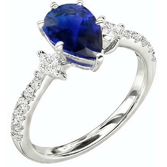 Anello con 3 carati e tre accenti di diamanti in zaffiro di Ceylon in oro bianco 14K