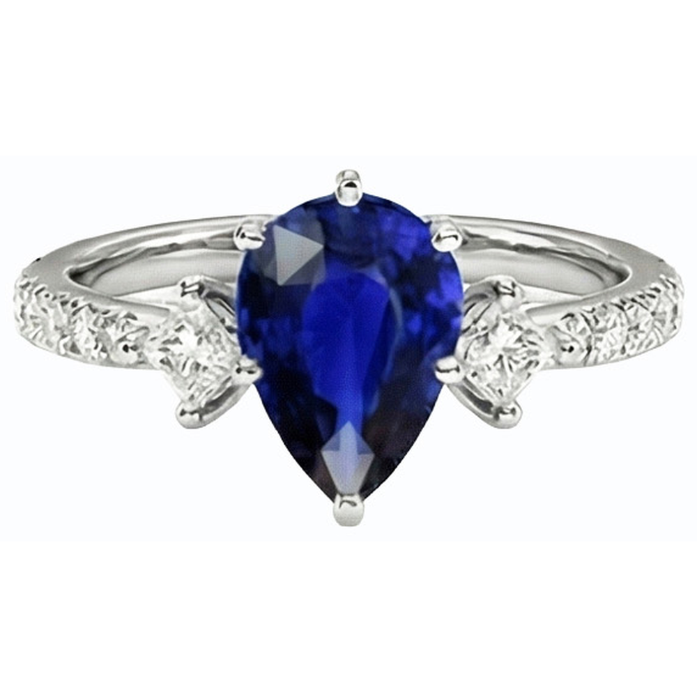 Anello con 3 carati e tre accenti di diamanti in zaffiro di Ceylon in oro bianco 14K