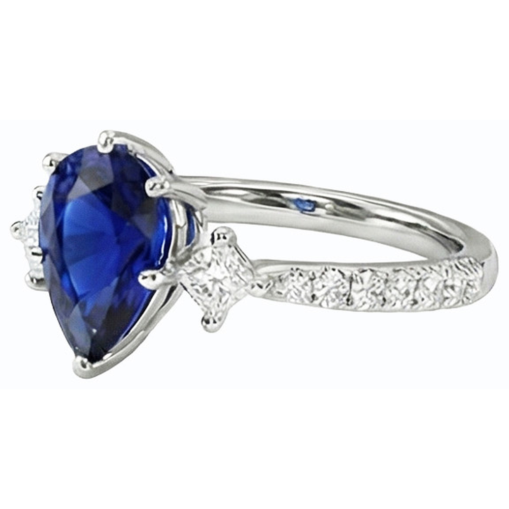 Anello con 3 carati e tre accenti di diamanti in zaffiro di Ceylon in oro bianco 14K