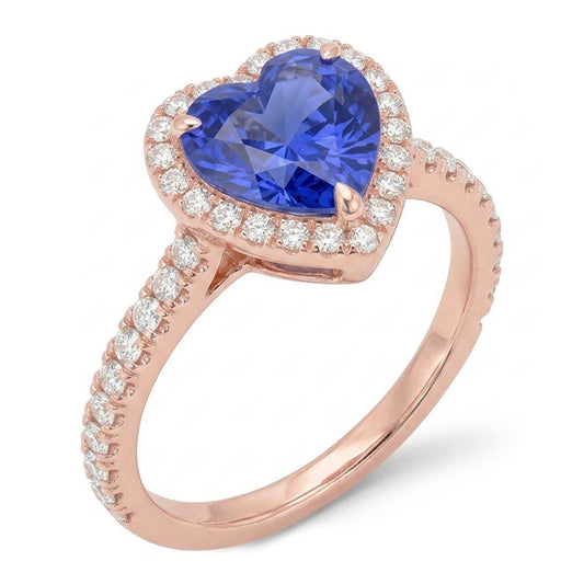 Anello con 3 carati un cuore di zaffiro blu con accenti di diamanti in oro rosa 14K