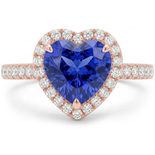 Anello con 3 carati un cuore di zaffiro blu con accenti di diamanti in oro rosa 14K