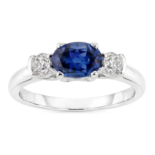 Anello con 3 pietre Zaffiro Ceylon taglio ovale e rotondo e diamante 5 carati Nuovo