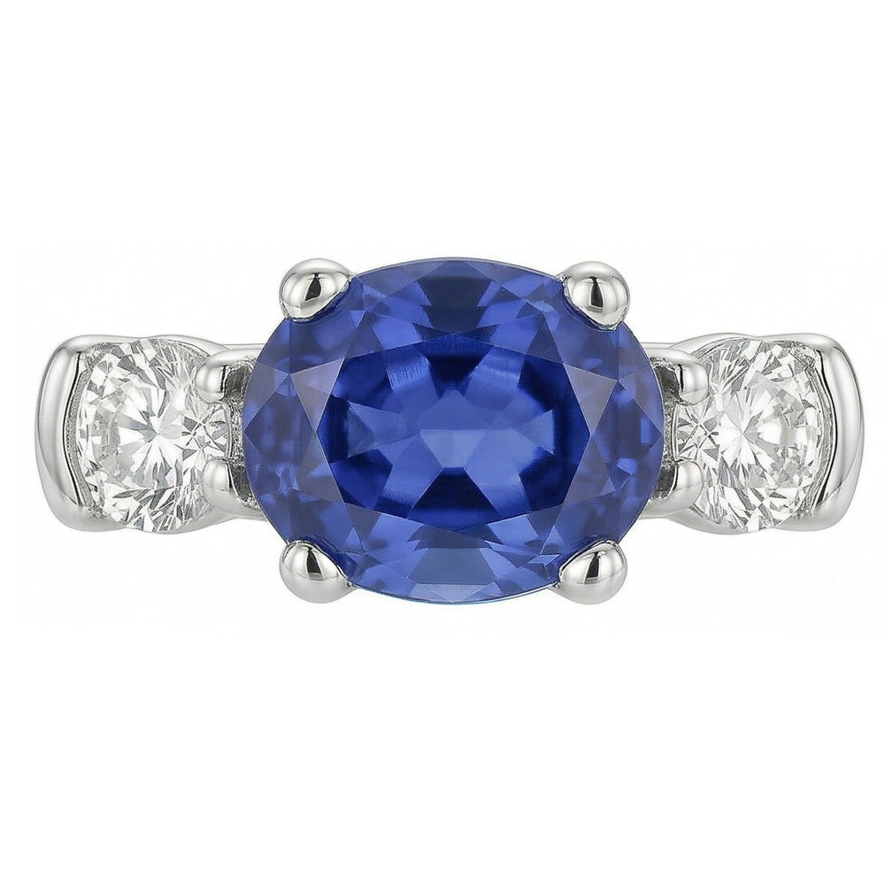 Anello con 3 pietre Zaffiro Ceylon taglio ovale e rotondo e diamante 5 carati Nuovo