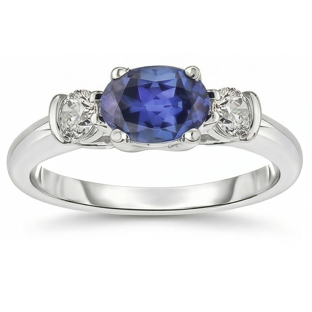Anello con 3 pietre Zaffiro Ceylon taglio ovale e rotondo e diamante 5 carati Nuovo