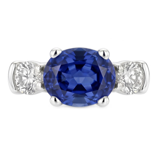 Anello con 3 pietre Zaffiro Ceylon taglio ovale e rotondo e diamante 5 carati Nuovo