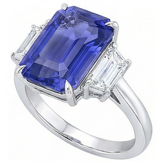 Anello con 3 pietre blu zaffiro smeraldo e diamanti trapezoidali 3.50 carati