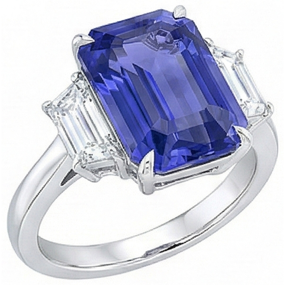 Anello con 3 pietre blu zaffiro smeraldo e diamanti trapezoidali 3.50 carati