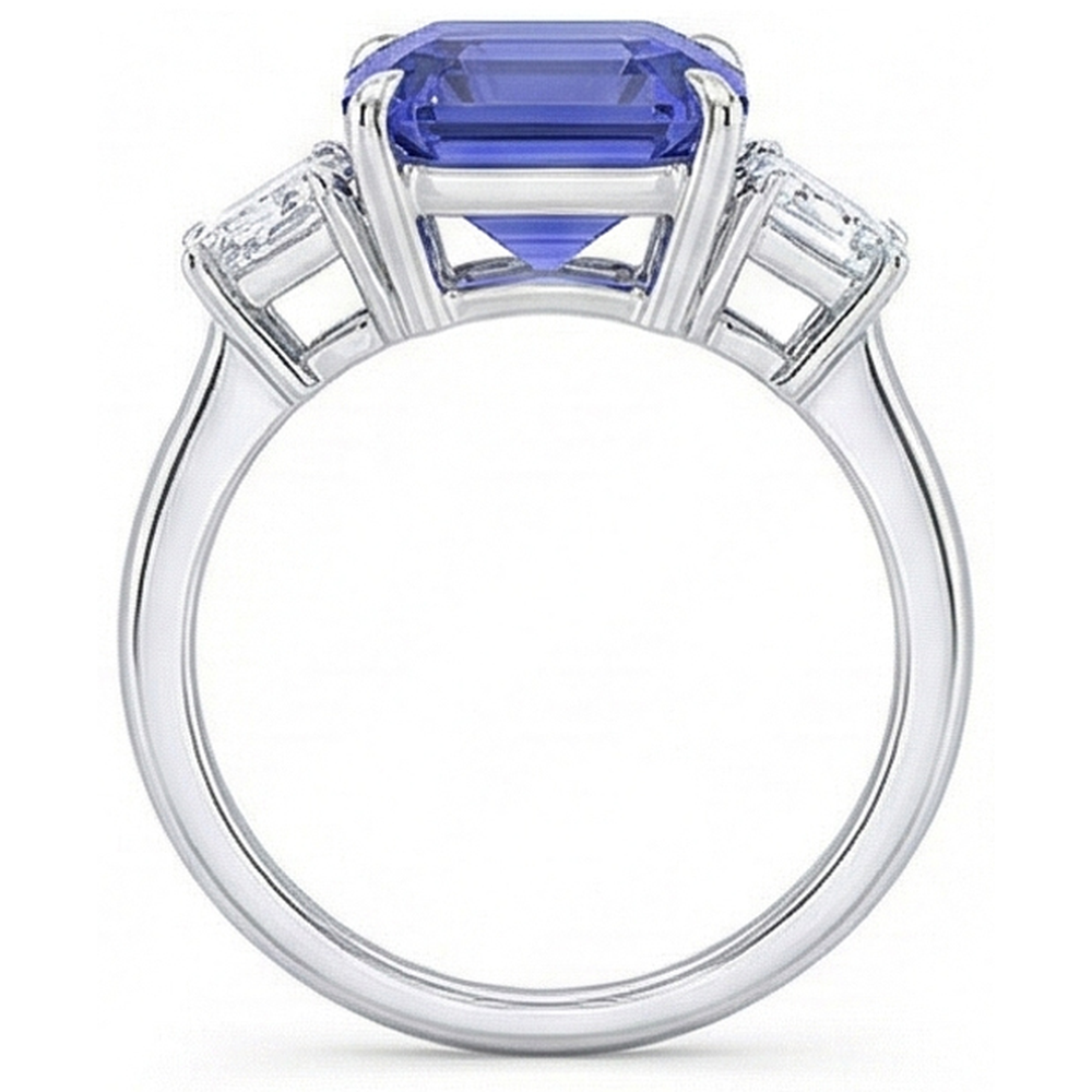 Anello con 3 pietre blu zaffiro smeraldo e diamanti trapezoidali 3.50 carati