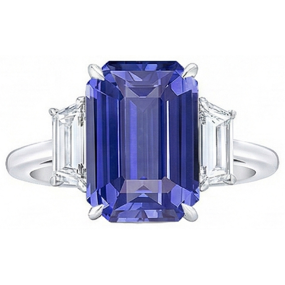 Anello con 3 pietre blu zaffiro smeraldo e diamanti trapezoidali 3.50 carati
