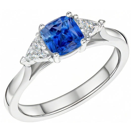 Anello con 3 pietre cuscino con zaffiro blu 1,50 trilioni di carati di diamanti e oro bianco 14K