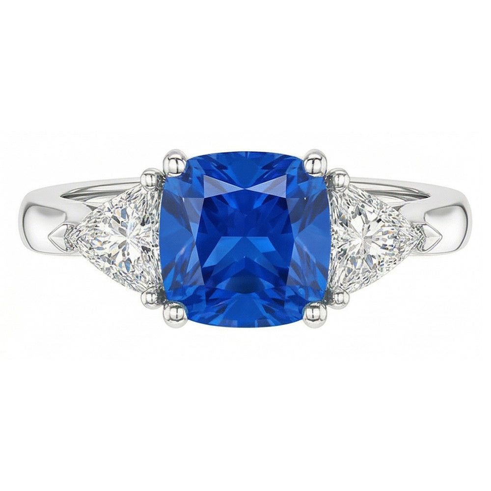 Anello con 3 pietre cuscino con zaffiro blu 1,50 trilioni di carati di diamanti e oro bianco 14K