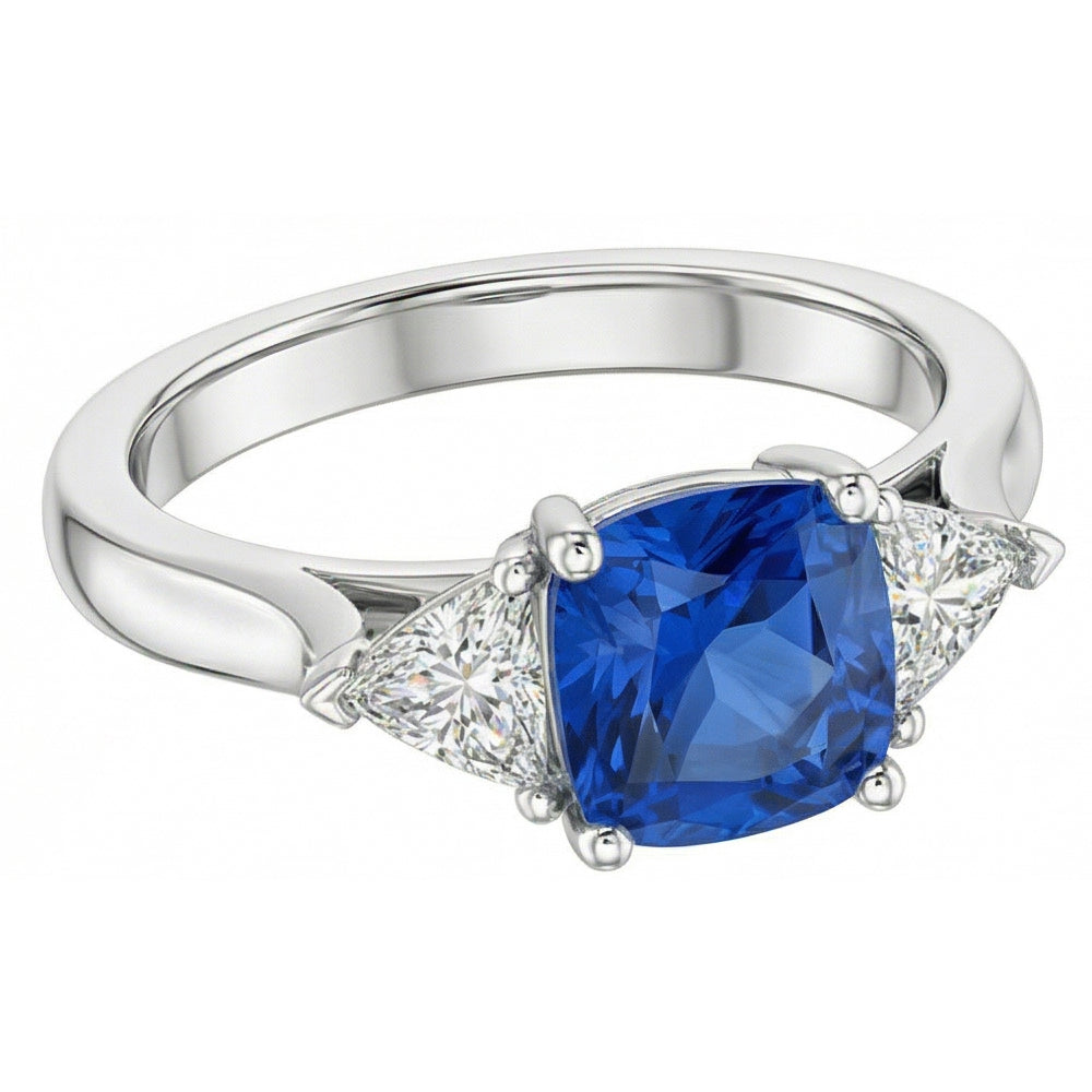 Anello con 3 pietre cuscino con zaffiro blu 1,50 trilioni di carati di diamanti e oro bianco 14K