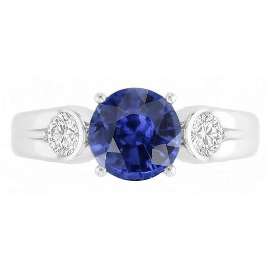 Anello con 3 pietre di diamante. zaffiro dello Sri Lanka. taglio rotondo. 2.50 carati