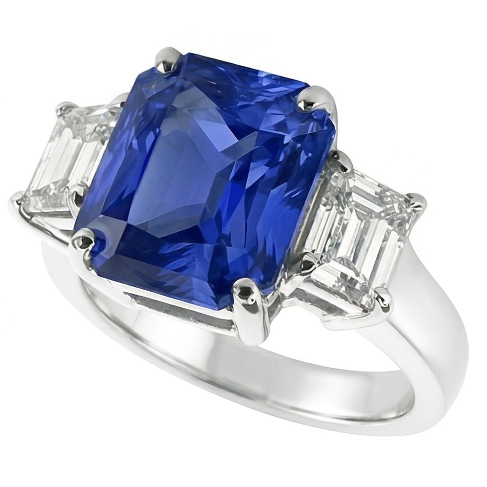 Anello con 3 pietre di diamante. zaffiro radiante e smeraldo a forma di 3.50 carati