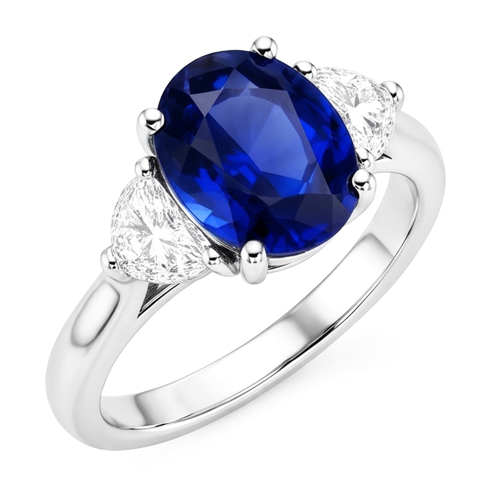 Anello con 3 pietre di diamanti con zaffiro blu profondo ovale 8.25 carati in oro 14K
