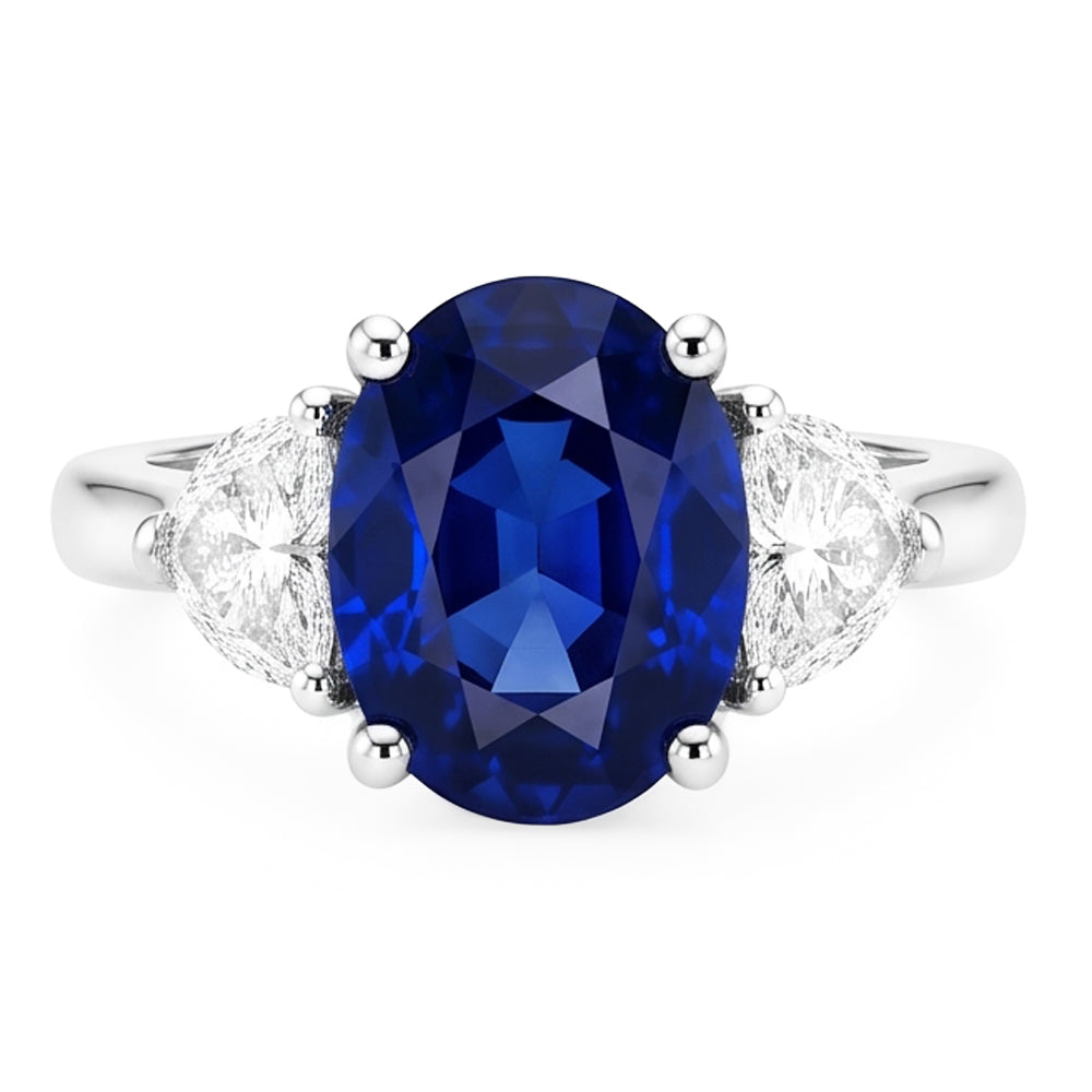 Anello con 3 pietre di diamanti con zaffiro blu profondo ovale 8.25 carati in oro 14K
