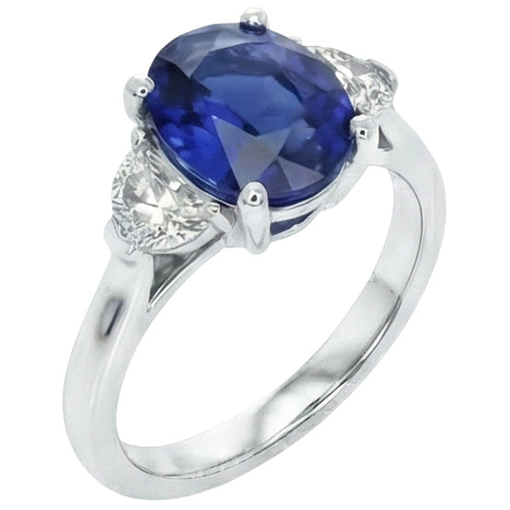 Anello con 3 pietre di diamanti con zaffiro blu profondo ovale 8.25 carati in oro 14K