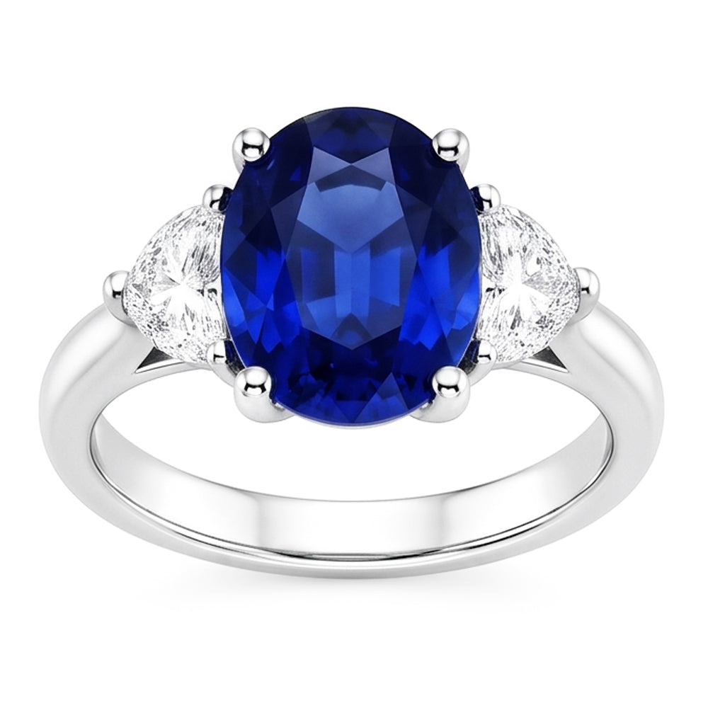 Anello con 3 pietre di diamanti con zaffiro blu profondo ovale 8.25 carati in oro 14K