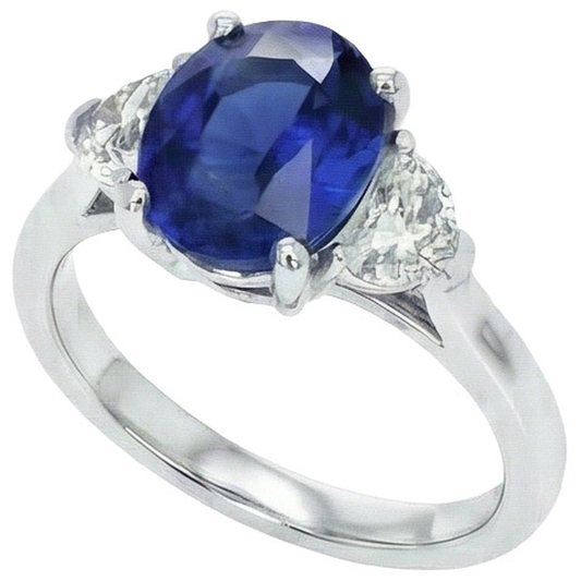 Anello con 3 pietre di diamanti con zaffiro blu profondo ovale 8.25 carati in oro 14K