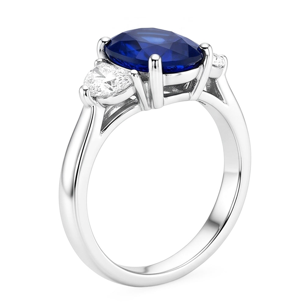 Anello con 3 pietre di diamanti con zaffiro blu profondo ovale 8.25 carati in oro 14K