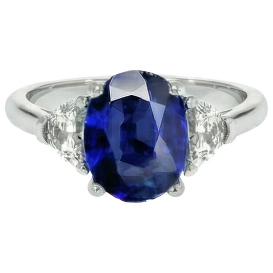 Anello con 3 pietre di diamanti con zaffiro blu profondo ovale 8.25 carati in oro 14K
