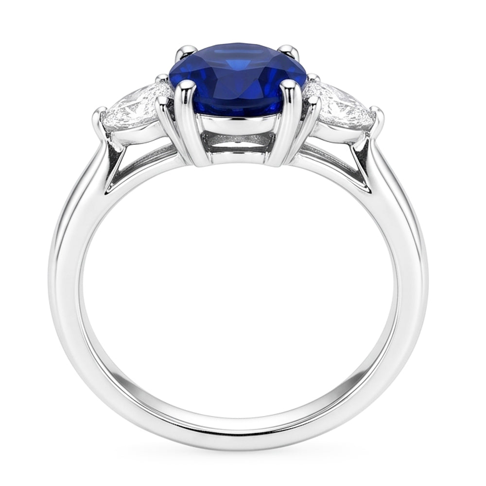 Anello con 3 pietre di diamanti con zaffiro blu profondo ovale 8.25 carati in oro 14K