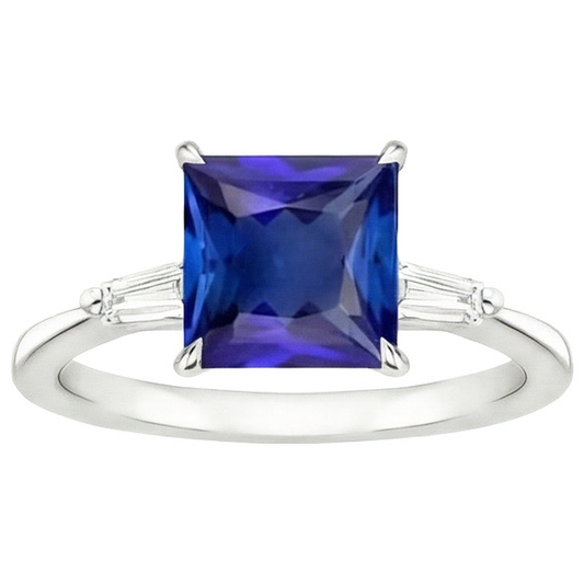 Anello con 3 pietre di diamanti. zaffiro blu principessa e baguette 5.50 carati