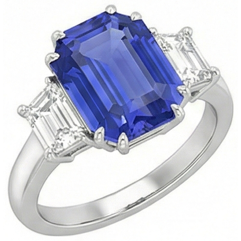 Anello con 3 pietre di smeraldo e diamante trapezoidale con zaffiro di Ceylon 3 carati