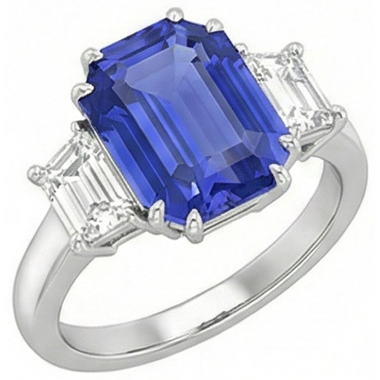 Anello con 3 pietre di smeraldo e diamante trapezoidale con zaffiro di Ceylon 3 carati