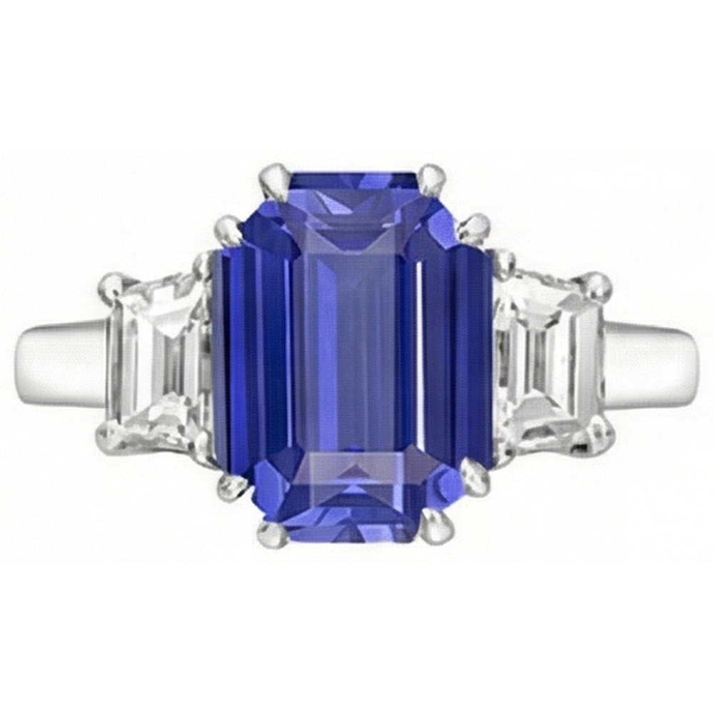 Anello con 3 pietre di smeraldo e diamante trapezoidale con zaffiro di Ceylon 3 carati