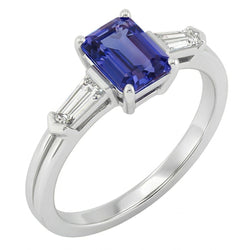 Anello con 3 pietre di smeraldo e zaffiro blu con diamanti baguette 2.25 carati
