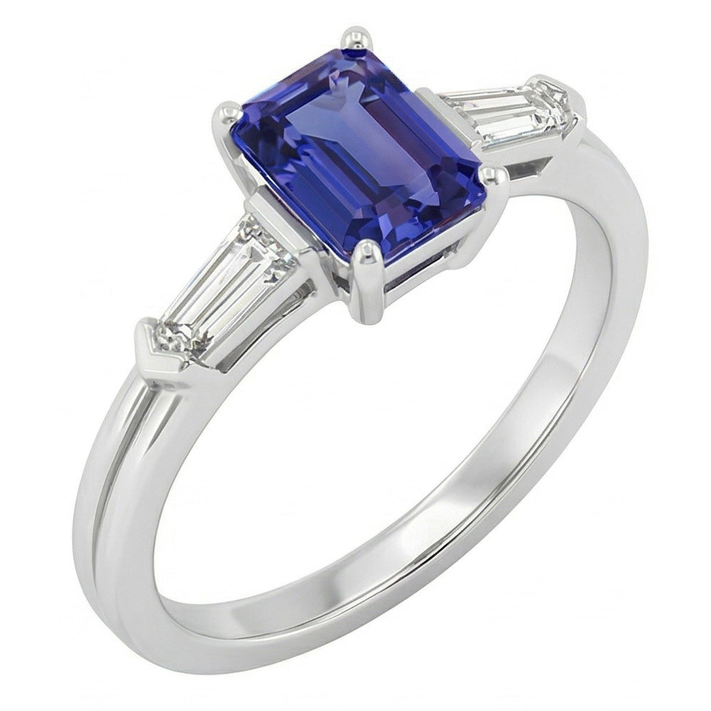 Anello con 3 pietre di smeraldo e zaffiro blu con diamanti baguette 2.25 carati